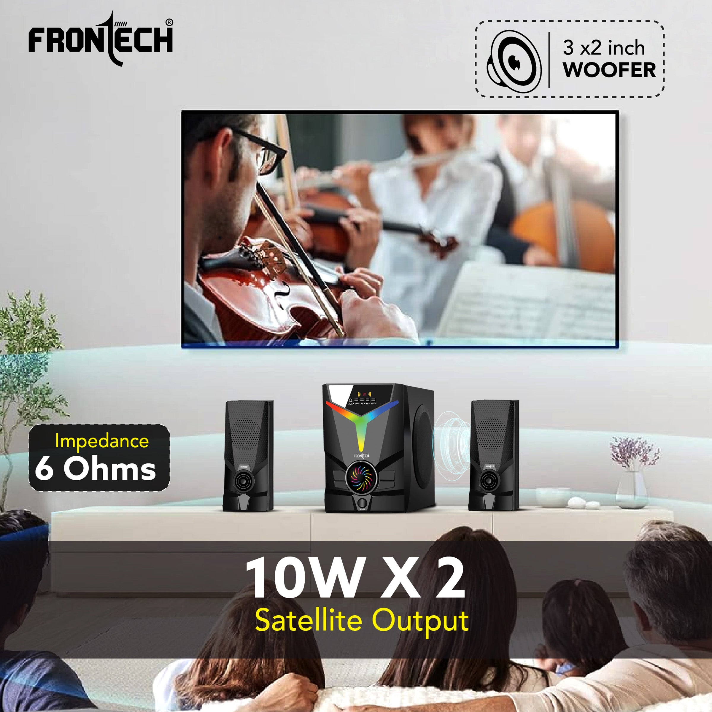 FRONTECH 40W Bluetooth 5.0 Multimedia Speaker| Powerful Bass | 2.1 Channel | Surround Sound System | USB | AUX | FM Radio | Wireless Remote Control for Home & Office (SW-0144) FRONTECH 40W Bluetooth 5.0 Multimedia Speaker| Powerful Bass | 2.1 Channel | Surround Sound System | USB | AUX | FM Radio | Wireless Remote Control for Home & Office (SW-0144)